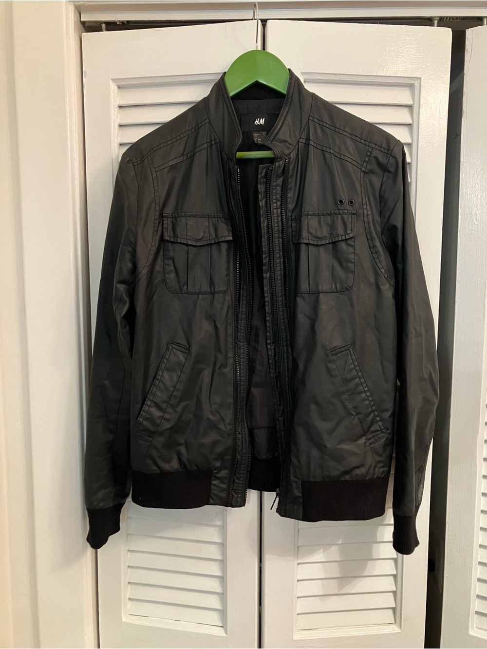 H&M Men's Black Waxed Cotton Bomber Jacket